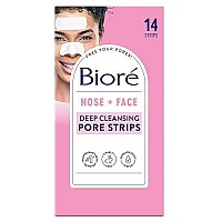 Biore Nose+Face, Deep Cleansing Pore Strips, 7 Nose + 7 Chin or Forehead, with Instant Blackhead Removal and Pore Unclogging, 14 Count, Oil-free, Non-Comedogenic Use