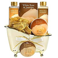 White Rose Jasmine Spa Set For Women Displayed in Elegant Gold Tub Includes Shower Gel, Bubble Bath, Body Lotion, Jasmine Bath Salt and Pouf, Award Winning Bath and Body Set