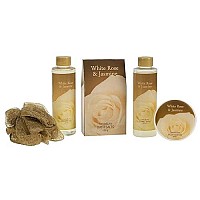 White Rose Jasmine Spa Set For Women Displayed in Elegant Gold Tub Includes Shower Gel, Bubble Bath, Body Lotion, Jasmine Bath Salt and Pouf, Award Winning Bath and Body Set