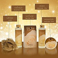 White Rose Jasmine Spa Set For Women Displayed in Elegant Gold Tub Includes Shower Gel, Bubble Bath, Body Lotion, Jasmine Bath Salt and Pouf, Award Winning Bath and Body Set