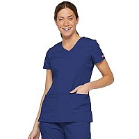 Dickies Womens Signature V-Neck Top With Multiple Patch Pockets Medical Scrubs Shirts, Galaxy Blue, Xx-Small Us