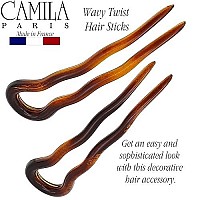 Camila Paris AD823 French Twist Stick Hair Fork, 2 Small Wavy U Shaped Hair Pin Clip for Spiral Updo Bun, Tortoise Shell, Fashion Flexible Durable Styling Hair Accessories for Women, Made in France