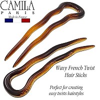 Camila Paris AD823 French Twist Stick Hair Fork, 2 Small Wavy U Shaped Hair Pin Clip for Spiral Updo Bun, Tortoise Shell, Fashion Flexible Durable Styling Hair Accessories for Women, Made in France