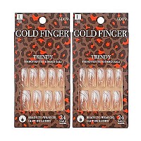 Gold Finger False Nails Gel Glam Design Full Cover Fake Nails, Long Length (2 PACK)