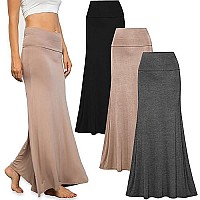 Free To Live - 3 Pack Womens Fold Over Flowy High Waist Maxi Skirts - Flare Style, Floor Length