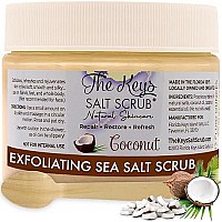 The Keys Salt Scrub Premium Exfoliating Sea Salt Body Skin Scrubs - foot scrub - exfoliating body scrub with Wooden Spoon - Made with Pure Florida Sea Salt and Organic Coconut Oil (Coconut, 12 oz).