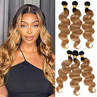 Kapelli Hair Body Wave Human Hair Bundles Ombre Honey Blonde Bundles Body Wave Brazilian Hair 3 Bundles (T1B/27,14 16 18) Ombre Human Hair Bundles 2 Tone Black to Blonde Human Hair Weave