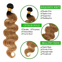 Kapelli Hair Body Wave Human Hair Bundles Ombre Honey Blonde Bundles Body Wave Brazilian Hair 3 Bundles (T1B/27,14 16 18) Ombre Human Hair Bundles 2 Tone Black to Blonde Human Hair Weave