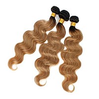 Kapelli Hair Body Wave Human Hair Bundles Ombre Honey Blonde Bundles Body Wave Brazilian Hair 3 Bundles (T1B/27,14 16 18) Ombre Human Hair Bundles 2 Tone Black to Blonde Human Hair Weave