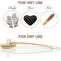 Zen Me Dry Brush Set - Premium Body Exfoliator Brush, Exfoliating Gloves, Pumice Stone for Feet & Konjac Sponge for Face, Boar Bristle Body Brush for Showering, Bath Brush, Natural Skin Scrubber Tools