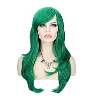 Kalyss 24 Green Long Curly Wavy Synthetic Hair Wigs with Hair Bangs for Women Cosplay Costume Party Black and White Women's Girls Wigs