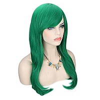 Kalyss 24 Green Long Curly Wavy Synthetic Hair Wigs with Hair Bangs for Women Cosplay Costume Party Black and White Women's Girls Wigs