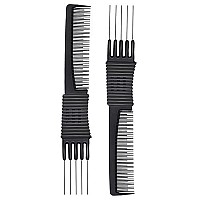 2pcs Black Carbon Lift Teasing Combs with Metal Prong, Salon Teasing Lifting Fluffing Comb with 5 Stainless Steel Pins