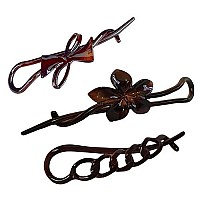 Parcelona French Twist N Clip Flower Bow And Chain Tortoise Shell Brown 4 Set Of 3 Celluloid Metal Free No Slip Sturdy Flexible Hair Clip Paris Hair Accessories For Women And Girls, Made In France