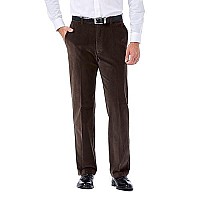 Haggar Mens Stretch Corduroy Expandable Waist Classic Fit Flat Front Casual Pants, Brown, 32W X 32L Us