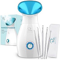 NanoSteamer Large 3-in-1 Nano Ionic Facial Steamer with Precise Temp Control - 30 Min Steam Time - Humidifier - Unclogs Pores - Blackheads - Spa Quality - Bonus 5 Piece Stainless Steel Skin Kit