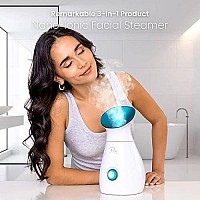 NanoSteamer Large 3-in-1 Nano Ionic Facial Steamer with Precise Temp Control - 30 Min Steam Time - Humidifier - Unclogs Pores - Blackheads - Spa Quality - Bonus 5 Piece Stainless Steel Skin Kit