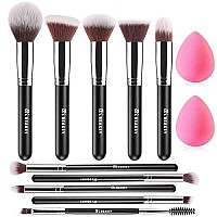 BEAKEY Diversity Blush Brushes 12Pcs Makeup Kit, Premium Synthetic Kabuki Foundation Face Powder Concealers Eyeshadow Blush Brushes Makeup Brushes Set, with 2pcs Blender Sponges (Black/Silver)