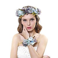 Ever Fairy 2Pc/Set Blue Flower Wreath Garland Headband And Wrist Flower For Wedding Festivals