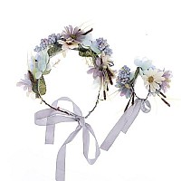 Ever Fairy 2Pc/Set Blue Flower Wreath Garland Headband And Wrist Flower For Wedding Festivals