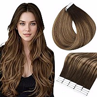 Full Shine 14 Inch Tape In Hair Extensions Balayage Tape In Real Human Hair Extensions Color 2 Darkest Brown Fading To 3 Highlight 27 Honey Blonde Seamless Glue In Hair Extensions 20 Pcs 50 Grams