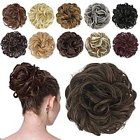 Feshfen Messy Bun Hair Piece Hair Bun Scrunchies Golden Brown Synthetic Wavy Curly Chignon Ponytail Hair Extensions Thick Updo Hairpieces For Women Girls 1Pcs