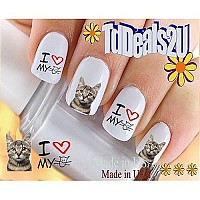 Nail Art Decals WaterSlide Nail Transfers Stickers Animals - Cats - I Love my Cat Heart Grey Cat Nail Decals - Salon Quality! DIY Nail Accessories