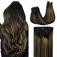 GOO GOO Clip-in Hair Extensions for Women, Soft & Natural, Handmade Real Human Hair Extensions, Natural Black Mixed Chestnut Brown, Straight  (T1B/6)/1B, 7pcs 120g 16 inches