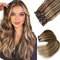 Clip in Hair Extensions Real Human Hair, Brown Balayage Blonde Highlights Hair Extensions Real Human Hair Clip in Extensions, 15 Inch 7 PCS Double Weft Remy Hair Extensions Clip in Human Hair 70G