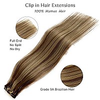 Clip in Hair Extensions Real Human Hair, Brown Balayage Blonde Highlights Hair Extensions Real Human Hair Clip in Extensions, 15 Inch 7 PCS Double Weft Remy Hair Extensions Clip in Human Hair 70G