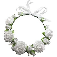 SIZSNM Flower Crown White Girls Headband - Headpiece Artificial Roses Wedding Bridal - Floral Boho Kids ToddlerToddler Boho