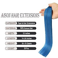 Tape in Hair Extensions Blue 100% Remy Human Hair Extensions Silky Straight for Fashion Women 20 Pcs/Package(18Inch Blue 40g)