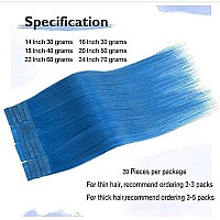 Tape in Hair Extensions Blue 100% Remy Human Hair Extensions Silky Straight for Fashion Women 20 Pcs/Package(18Inch Blue 40g)