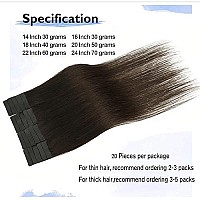 Tape in Hair Extensions Real Human Hair Dark Brown 100% Remy Human Hair Extensions Silky Straight for Fashion Women 20 Pcs/Package(16Inch 2 30g)