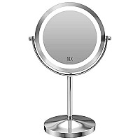 Gospire 1X/10x Magnified Lighted Makeup Mirror Double Sided Round Magnifying Mirror Standing 360 Degree Swivel Vanity Mirror Battery Operated 7 Inch Diameter Shaving Bathroom Mirror