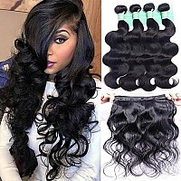 ANNELBEL Brazilian Hair 4 Bundles Body Wave 8A Virgin Unprocessed Human Hair Bundles Remy Human Hair Extensions Weave - Wavy Hair, Double Weft, Natural Black, (10, 50g)/Bundle