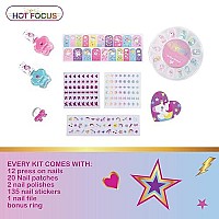 Hot Focus Scented Nail Boutique - 168 Piece Unicorn Nail Art Kit Includes Press on Nails, Nail Patches, Nail Stickers, Nail Polishes, Nail File and Ring - Non-Toxic Water Based Peel Off Nail Polish