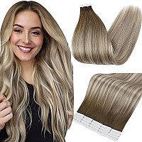 Fshine Tape in Human Hair Extensions 20 Pieces 50 Gram Balayage Human Hair Tape in Extensions Color 3 Brown Roots Fading to 6 and 22 Highlighted Blonde Tape in Hair Extensions Human Hair 14 Inch