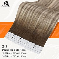 Fshine Tape in Human Hair Extensions 20 Pieces 50 Gram Balayage Human Hair Tape in Extensions Color 3 Brown Roots Fading to 6 and 22 Highlighted Blonde Tape in Hair Extensions Human Hair 14 Inch