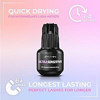 Sensitive Eyelash Extension Glue for Professionals | Low Humidity Strong Black Lash Adhesive for Long Lasting Semi Permanent Individual Lash Extensions - 3-4s Fast Drying / 6 Weeks Retention