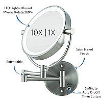 Zadro 9 Round Battery Operated LED Wall Mounted Makeup Mirror, 10X/1 or 5X/1 Vanity Mirrors for Wall, Arm Extends +16