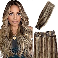 Remy Clip in Hair Extensions Blonde with Brown Balayage Clip ins Extensions Human Hair Silky Straight 15 Inch Short Clip on Extension Blonde Highlights on Brown Hair 70Gram(4/613)