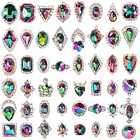 GA&EN 48pcs Big Mix Sizes Different Shape Colorful AB Iridescent 3D Crystals Diamonds Large Rhinestones Bow Silver Metal Charms Gems Stones for Nail Art Beauty Design Decoration Craft Jewelry DIY