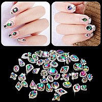 GA&EN 48pcs Big Mix Sizes Different Shape Colorful AB Iridescent 3D Crystals Diamonds Large Rhinestones Bow Silver Metal Charms Gems Stones for Nail Art Beauty Design Decoration Craft Jewelry DIY