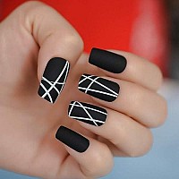 Matt Black Fake Nails Visible Trails of Planets Faux Ongle Square Press On Finger Manicure with Adhesive Tabs 24