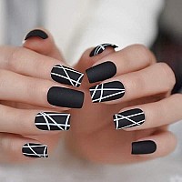 Matt Black Fake Nails Visible Trails of Planets Faux Ongle Square Press On Finger Manicure with Adhesive Tabs 24