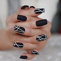 Matt Black Fake Nails Visible Trails of Planets Faux Ongle Square Press On Finger Manicure with Adhesive Tabs 24