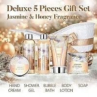 Gift Basket for Women - Body & Earth Bath Gift Set for Women with Jasmine & Honey Scent, Includes Bubble Bath, Shower Gel, Body Lotion and Hand Cream, Valentine Gifts for Her