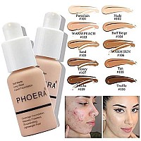 PHOERA Foundation 104 and 105 & Face Primer,Liquid Full Coverage Foundation Set,Foundation Brush Powder Brush,5 Makeup Sponge,30ml PHOERA 24HR Matte Oil Control Concealer (104 Buff Beige + 105 Sand)