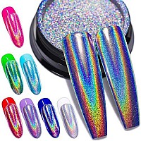 Holographic Nail Powder Fine Rainbow Holo Unicorn Mirror Laser Effect Multi Chrome Manicure Pigment Glitter Dust for Salon Home Nail Art DIY Deco, 0.04oz/1g, Sponge Tool/3pcs